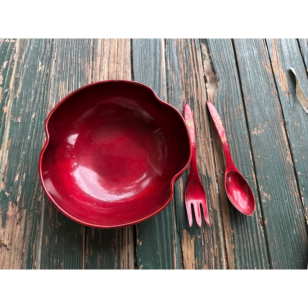 Vintage Maruni Occupied Japan Red Lacquerware Salad Bowl Set Gold Floral 3pc